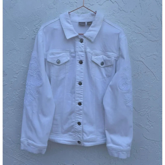 Chicos Womens Long Sleeve Floral Embroidery Jean Jacket White Sz 4 - Picture 12 of 12